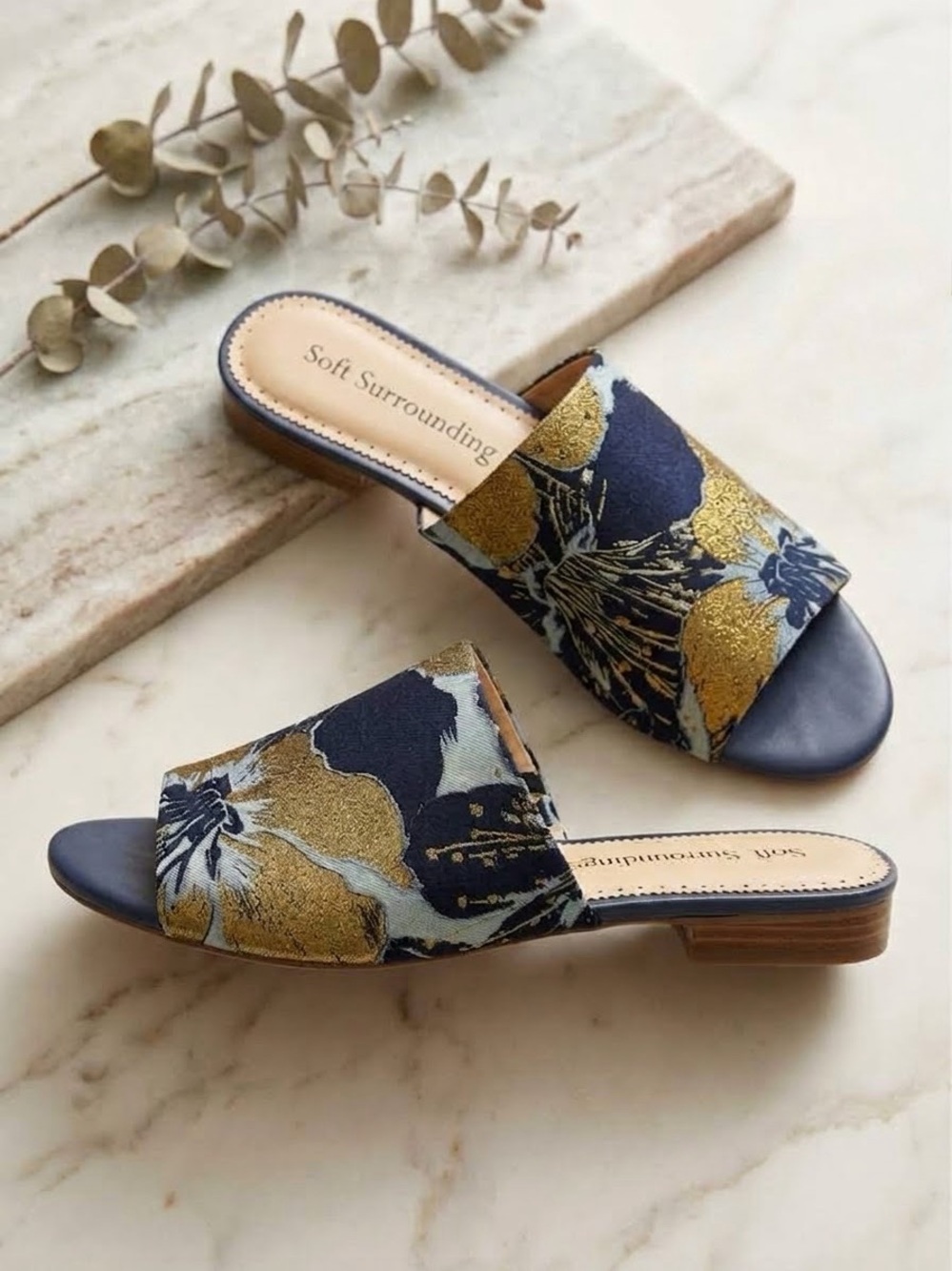 Soft Surroundings Priya Size 11 Brocade Fabric Slides Blue Gold